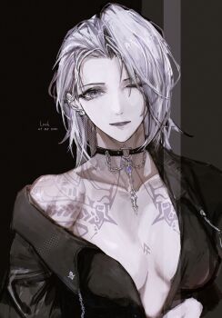 black_jacket chain chironoliver choker collarbone english_text highres jacket looking_at_viewer muscular muscular_female one_eye_closed open_clothes open_jacket path_to_nowhere short_hair tattoo zoya_(path_to_nowhere)