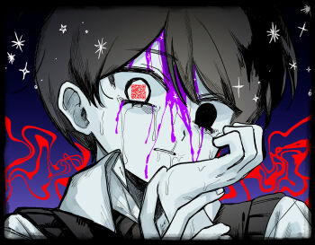 1boy black_eyes black_hair black_sweater_vest collared_shirt double-parted_bangs hair_between_eyes looking_at_viewer male_focus omori parted_lips qr_code rou_(h_s_sinrin) shirt solo sunny_(omori) sweater_vest upper_body white_shirt