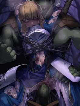 1boy 1girl abuse ahoge artoria_pendragon_(fate) bad_end bdsm beaten blonde_hair blood blue_dress bondage bound bound_arms bruise bruise_on_face bruised_eye censored chain chained defeat domination dress empty_eyes evening fanny_packing fate_(series) female_focus forest goblin highres huge_filesize humiliation impregnation injury leg_grab mature_female meat_armor mosaic_censoring nature navel open_mouth outdoors peeing prisoner pussy rape saber_(fate) sex shitappa0120 size_difference spread_legs torn_clothes trophy unconscious vaginal wide-eyed