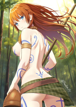 1girl arm_at_side ass belt blue_eyes breasts brown_belt chop closed_mouth commentary_request commission cowboy_shot day floating_hair forest full-body_tattoo green_skirt highres kanden_sky large_breasts long_hair looking_at_viewer looking_back median_furrow microskirt naked_skirt nature nipples no_panties orange_hair original outdoors pixiv_commission shoulder_blades skirt solo standing tattoo topless_female tree tribal tribal_tattoo turning_head twitter_username v-shaped_eyebrows