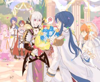 2girls 4boys :d animal arch arrow_(symbol) black_arm_warmers black_boots black_choker blue_cape blue_eyes blue_flower blue_hair blue_rose blurry blurry_background blush bob_cut boots bouquet boutonniere bridal_veil bride brother_and_sister bush candy cape choker closed_eyes coat collarbone collared_jacket column confetti covering_own_mouth day dog dress elbow_gloves epaulettes father_and_son fire_emblem fire_emblem:_genealogy_of_the_holy_war fire_emblem_engage fire_emblem_heroes floral_arch flower food giving gloves gold_trim groom hair_between_eyes hair_flower hair_ornament hair_ribbon half-siblings hand_on_own_chin highres holding holding_animal holding_bouquet holding_dog jacket julia_(bride)_(fire_emblem) julia_(fire_emblem) knee_boots lana_(bride)_(fire_emblem) lana_(fire_emblem) lollipop long_dress long_hair long_sleeves looking_at_another low_ponytail male_alear_(fire_emblem) male_focus multicolored_hair multiple_boys multiple_girls nintendo official_alternate_costume open_mouth orange_eyes orange_hair outdoors pants parted_bangs pelvic_curtain pillar pointing pointing_at_self ponytail purple_dress rafal_(fire_emblem) red_eyes red_hair ribbon rose sasaki_(dkenpisss) seliph_(fire_emblem) seliph_(light&#039;s_legacy)_(fire_emblem) shirt short_hair siblings sidelocks sigurd_(fire_emblem) smile sommie_(fire_emblem) standing stone_floor sweatdrop swirl_lollipop tree two-tone_hair v-shaped_eyebrows veil wedding_dress white_cape white_coat white_flower white_gloves white_hair white_jacket white_pants white_ribbon white_rose white_shirt wide-eyed wide_sleeves yaoi yellow_flower yellow_rose