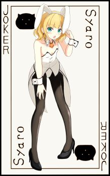 1girl animal_ears black_pantyhose breasts card earrings gochuumon_wa_usagi_desu_ka? high_heels highres jewelry kirima_syaro leotard maxima_sakuya pantyhose playboy_bunny playing_card rabbit_ears small_breasts stiletto_heels white_leotard wrist_cuffs