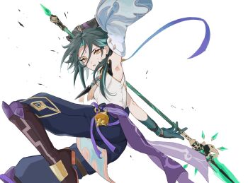 1boy arm_guards arm_up armor armpits asymmetrical_clothes bead_necklace beads black_gloves black_hair detached_sleeves diamond_(shape) eyeshadow facial_mark forehead_mark genshin_impact gloves green_gloves green_hair highres holding holding_polearm holding_spear holding_weapon jewelry makeup male_focus multicolored_hair necklace open_mouth parted_bangs pendant polearm red_eyeshadow short_hair_with_long_locks simple_background single_bare_shoulder single_detached_sleeve slit_pupils solo spear sushi_171 tassel two-tone_hair weapon white_background wide_sleeves xiao_(genshin_impact) yellow_eyes
