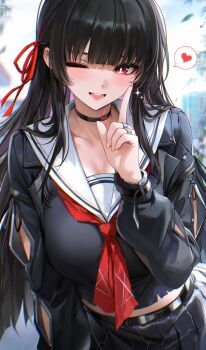 1girl alternate_breast_size_(larger) arm_cutout black_choker black_hair black_jacket black_serafuku black_shirt black_skirt blush breasts chisa_(wuthering_waves) choker chromatic_aberration clothing_cutout collarbone commentary cowboy_shot crop_top fingernails hair_ribbon hand_up heart highres index_finger_raised jacket large_breasts leaning_forward long_hair long_sleeves looking_at_viewer mole mole_under_eye neckerchief one_eye_closed open_mouth re0n red_eyes red_neckerchief red_ribbon ribbon sailor_collar school_uniform serafuku shirt skirt smile solo spoken_heart very_long_hair white_sailor_collar wuthering_waves