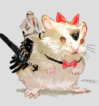 1boy 1other absurdres animal bow dated formal_clothes glasses grey_background hamster highres original oversized_animal riding shadow signature smile suit sukepmonster sword weapon