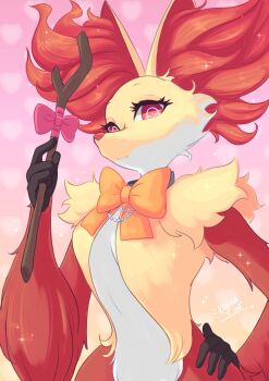 1girl bow bright_pupils delphox detached_collar furry furry_female gen_6_pokemon gradient_background hand_on_own_hip highres holding holding_stick looking_at_viewer looking_down nintendo pink_background pokemon red_eyes red_fur ribbon smile solo soylakagura sparkle stick upper_body yellow_fur