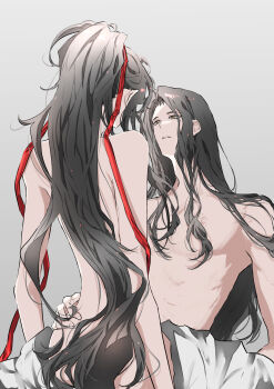2boys absurdres ass back black_hair branded clothes_pull couple grey_background hair_ribbon hand_on_another&#039;s_hip highres lan_wangji long_hair looking_at_another male_focus modao_zushi multiple_boys naruse_(kmk648) nude pants pants_pull parted_lips pectorals ponytail red_ribbon ribbon scar scar_on_chest sidelocks simple_background sitting sitting_on_lap sitting_on_person smile straddling topless_male very_long_hair wei_wuxian white_pants yaoi yellow_eyes