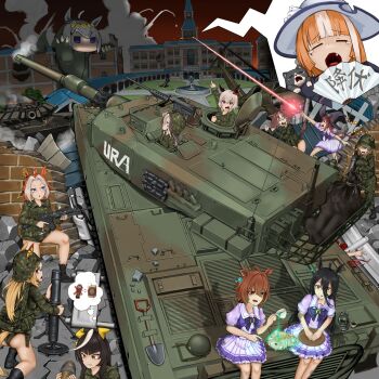 .50_bmg 6+girls 96sikisuzume absurdres agnes_digital_(umamusume) agnes_tachyon_(umamusume) ahoge aircraft akikawa_yayoi_(umamusume) ammunition ammunition_belt ammunition_pouch animal_ear_piercing animal_ears arm_up artistic_error ass assault_rifle at4 attack bipod black_boots black_hair blast_onepiece_(umamusume) blonde_hair blue_eyes blunt_bangs bomb boots bow braid braided_hair_rings breast_pocket brick_wall brown_hair browning_m2 building bulletproof_vest c4 calstone_light_o_(umamusume) camouflage camouflage_helmet camouflage_jacket camouflage_panties camouflage_pants camouflage_vest cat character_request clenched_teeth coffee combat_helmet crater cup curren_chan_(umamusume) drawing_(action) dream_journey_(umamusume) durandal_(umamusume) ear_bow ear_covers ear_ornament ear_ribbon ear_tag earrings ears_through_headwear eldritch_abomination energy energy_beam explosive expressive_hair finger_painting fire flask fountain frilled_skirt frills frown fuse gas_can glasses glowing green_jacket green_pants green_vest grey_hair gun hair_between_eyes hair_intakes hair_rings hairband hand_fan hand_up hands_on_lap hands_up hat hatch heavy_machine_gun helicopter helmet highres hmg_cartridge holding holding_bomb holding_cup holding_rocket_launcher holding_wand holding_weapon horse_ears horse_girl horse_tail howa_type_89 index_finger_raised jacket jewelry kaiju kidnapped knee_up kneeling laser layered_skirt long_hair long_hair_between_eyes long_sleeves looking_at_another machine_gun magic manhattan_cafe_(umamusume) military_vehicle monster mortar_(weapon) mortar_shell motor_vehicle multicolored_hair multiple_earrings multiple_girls oguri_cap_(umamusume) one_eye_closed open_mouth orfevre_(umamusume) outdoors panties pants parted_lips pocket pointing pouch puffy_short_sleeves puffy_sleeves purple_eyes purple_shirt purple_trim radio_antenna red_bow ribbon rifle rifle_cartridge rocket_launcher round-bottom_flask rubble sack sailor_collar scared shading_eyes shirt short_hair short_sleeves shovel side_braid sidelocks single_braid single_ear_cover single_earring sitting skirt smoke speech_bubble spill streaked_hair sweat sweatdrop sweep_tosho_(umamusume) tail tank teeth thought_bubble trembling two-tone_shirt two_side_up type_90_(tank) umamusume underwear vehicle_request very_long_hair vest wand weapon white_hair white_hat white_sailor_collar white_shirt white_skirt witch_hat wooden_tray wreckage yellow_hairband yellow_ribbon