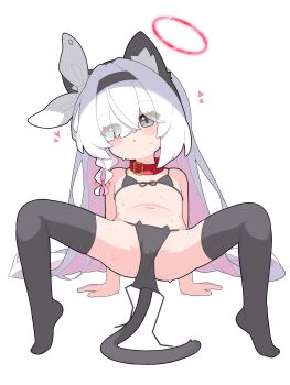 1girl absurdres alternate_costume animal_collar animal_ear_fluff animal_ears arm_support belt_collar bikini black_bikini black_eyes black_hairband black_thighhighs blue_archive blush braid breasts cameltoe cat_ears cat_girl cat_tail collar colored_inner_hair eyes_visible_through_hair fake_animal_ears fake_tail flat_chest front-tie_bikini_top front-tie_top full_body hair_over_one_eye hair_ribbon hairband halo heart highres leaning_back loli long_hair looking_at_viewer multicolored_hair navel no_shoes open_clothes paid_reward_available parted_lips pink_hair pink_halo pink_pupils plana_(blue_archive) red_collar red_halo red_pupils ribbon shirousagi_(user_erwx7425) side_braid simple_background single_braid small_breasts solo spread_legs sweat swimsuit tail thighhighs tiptoes two-tone_hair untied_bikini_bottom very_long_hair white_background white_hair white_ribbon