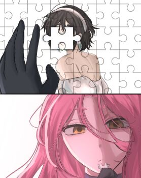 2girls alien_stage black_gloves black_hair commentary earrings english_commentary gloves hairband highres holding_puzzle_piece jewelry jigsaw_puzzle long_hair mizi_(alien_stage) multiple_girls pink_hair puzzle puzzle_piece shia_(suasmiz1) short_hair sua_(alien_stage) white_hairband yellow_eyes