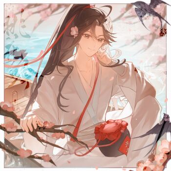 1boy absurdres ahoge alcohol alternate_costume artist_request bird bishounen black_hair blurry blurry_background boat border branch brown_eyes brown_hair chinese_clothes closed_mouth commentary flower hair_flower hair_ornament hair_ribbon hand_on_own_cheek hand_on_own_face hand_up hanfu head_rest high_ponytail highres holding holding_branch indian_style jug_(bottle) long_hair long_sleeves looking_at_viewer male_focus modao_zushi on_boat peach_blossom pink_flower ponytail red_ribbon ribbon robe second-party_source sidelocks sitting smile solo swallow_(bird) upper_body very_long_hair water watercraft watermark wei_wuxian white_hanfu wide_sleeves