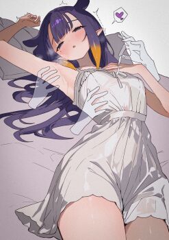 1girl armpits blush commentary disembodied_hand dress head_on_pillow heart highres hololive hololive_english long_hair looking_at_viewer lumina_(1umin4) lying mole mole_under_eye ninomae_ina'nis on_back orange_hair pillow purple_eyes purple_hair solo speech_bubble spoken_heart steam symbol-only_commentary tentacles trembling virtual_youtuber white_dress