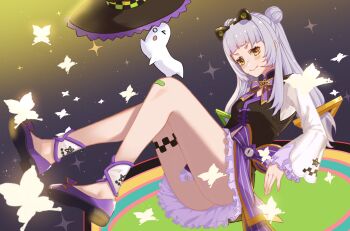 1girl animal_ears bandaid bandaid_on_leg black_hat black_shoes breasts cat_ears closed_mouth commentary_request fake_animal_ears grey_hair hat hololive kuwahara_taiki long_hair looking_at_viewer murasaki_shion murasaki_shion_(qi_idol) official_alternate_costume shirt shoes short_eyebrows sidelocks small_breasts smile solo unworn_hat unworn_headwear very_long_hair virtual_youtuber white_shirt witch_hat yellow_eyes