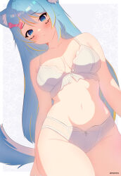 Rule 34 | 1girl, absurdres, animal ears, blitzy (youtuber), blue eyes, blue hair, blush, bone hair ornament, bow, bow bra, bow panties, bra, breasts, closed mouth, commentary, cowboy shot, facial mark, frilled bra, frills, frown, groin, hair ornament, highres, indie virtual youtuber, long hair, looking at viewer, medium breasts, navel, panties, pokyo, solo, standing, symbol-shaped pupils, tail, underwear, underwear only, virtual youtuber, white bra, white panties
