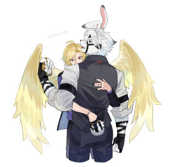 2boys absurdres animal_ears arm_out_of_sleeve bicep_strap black_gloves black_nails black_pants blonde_hair body_fur bracelet claws clock collared_vest colored_tips danso_0000 fingerless_gloves from_behind furry furry_male furry_with_non-furry gloves gold_ring grey_eyes grey_vest half_gloves head_tilt heterochromia highres holding_clock hug hugo_vlad interspecies jewelry looking_at_clock looking_at_object looking_at_viewer multicolored_hair multiple_boys multiple_rings muzzle_(mask) open_mouth pants purple_shirt rabbit_ears rabbit_tail red_eyes ring shirt simple_background single_glove single_half_glove sleeves_rolled_up tail teeth twitter_username upper_teeth_only vest von_lycaon white_background white_fur white_hair wings wolf_boy yaoi zenless_zone_zero