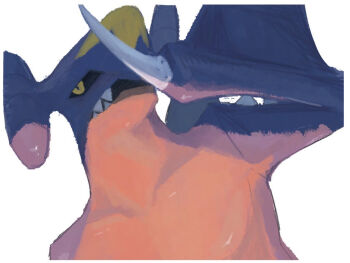 1boy arm_up bad_id bad_pixiv_id black_sclera blue_skin border butter_(oshi8kyoumoh) claws collarbone colored_sclera colored_skin dragon_boy dutch_angle furry furry_male garchomp gen_4_pokemon half-closed_eyes looking_at_viewer male_focus multicolored_skin nintendo open_mouth pectorals pokemon pokemon_(creature) red_skin sharp_teeth simple_background solo teeth upper_body white_background white_border yellow_eyes yellow_skin