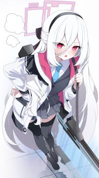 Rule 34 | absurdres, black jacket, black thighhighs, blue archive, blue necktie, commentary request, grey hair, hair between eyes, halo, highres, jacket, kei (blue archive), kei (new body) (blue archive), long hair, long hair between eyes, multicolored jacket, necktie, panties, pantyshot, pantyshot through reflection, pink eyes, pink halo, reflection, rei hinasuki, shirt, thighhighs, thighs, two-tone jacket, underwear, white hair, white jacket, white shirt