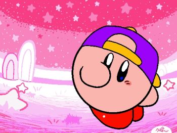 :d animated animated_gif baseball_cap blue_eyes blush_stickers dancing flipnote_studio_(medium) hat keke_(kokorokeke) kirby kirby_(series) looking_at_viewer nintendo open_mouth pink_theme purple_hat red_theme smile solo spinning star_(symbol) upside-down