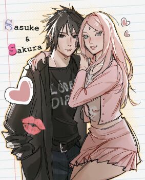 Rule 34 | 1boy, 1girl, arm around shoulder, black eyes, black hair, black jacket, black shirt, cardigan, character name, closed mouth, commentary, cosplay, couple, cowboy shot, crop top, english commentary, facial mark, forehead mark, gelley j0, green eyes, hair between eyes, haruno sakura, hetero, highres, jacket, jewelry, lipstick mark, long hair, midriff, miniskirt, naruto (series), naruto shippuuden, necklace, notebook, parted bangs, parted lips, pink cardigan, pink hair, pink skirt, print shirt, regina george, regina george (cosplay), rodrick heffley, rodrick heffley (cosplay), shirt, short hair, skirt, smile, sparkle, uchiha sasuke, white shirt