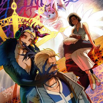 2boys 3girls adoptive_siblings arms_around_waist artist_name bike_shorts bike_shorts_under_skirt black_dress black_hair black_jacket black_pants black_shorts blonde_hair blue_eyes blue_shirt blue_vest breasts bri_(brigriv) brown_hair claws cleavage coat collared_shirt commentary crazy_laugh crossed_belts dress earrings edea_kramer ellone english_commentary evil_smile facial_mark final_fantasy final_fantasy_viii fur-trimmed_jacket fur_trim grey_coat hair_slicked_back hand_in_another's_hair hand_on_another's_face hands_on_own_face headdress hug jacket jewelry kneeling lap_pillow large_breasts long_skirt medium_breasts multiple_boys multiple_girls necklace open_mouth pants parted_lips plunging_neckline purple_lips ring ring_necklace ringed_eyes rinoa_heartilly seifer_almasy shirt shoes short_hair shorts simple_background sitting skirt sleeveless sleeveless_shirt smile squall_leonhart tassel tassel_earrings upper_body vest white_shirt white_skirt yellow_eyes yellow_shoes