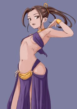 1girl arabian_clothes bracelet breasts brown_eyes brown_hair clothing_cutout commentary dancer dress hakuino_hakase highres hip_vent jewelry long_hair looking_at_viewer navel open_mouth original ponytail purple_background purple_dress revealing_clothes simple_background small_breasts solo