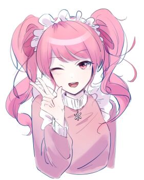 1girl bang_dream! bangjinjin82 collar commentary_request korean_commentary long_sleeves looking_at_viewer maid_headdress maruyama_aya one_eye_closed pink_eyes pink_hair pink_sweater simple_background solo sweater teeth twintails upper_body upper_teeth_only v white_background