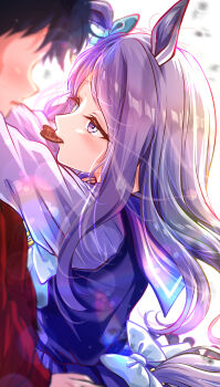 1boy 1girl absurdres animal_ears black_hair bow chocolate commentary_request ear_ribbon food_in_mouth highres horse_girl kakikakilemon long_hair long_sleeves looking_at_another mejiro_mcqueen_(umamusume) purple_eyes purple_hair purple_shirt shirt simple_background solo_focus umamusume valentine white_background white_bow