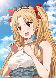 Rule 34 | 1girl, :d, artist name, blonde hair, blue sky, blush, bow, breasts, cloud, day, ereshkigal (fate), fate/grand order, fate (series), hair bow, hair ribbon, inoshira, long hair, looking at viewer, medium breasts, open mouth, outdoors, parted bangs, red bow, red eyes, red ribbon, ribbon, sky, smile, solo, ereshkigal (swimsuit beast) (fate), tiara, tongue, two side up, watermark