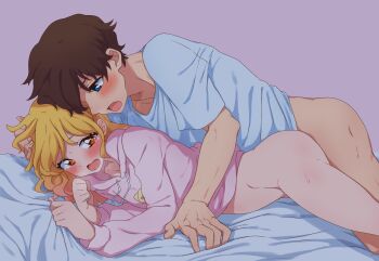 Rule 34 | 1boy, 1girl, absurdres, aikatsu! (series), aikatsu stars!, blonde hair, blue eyes, blush, bottomless, brown hair, commentary request, highres, hood, hoodie, kumahubuki, long hair, looking at another, nijino yume, open mouth, orange eyes, prone bone, sex, sex from behind, shirt, sweat, tearing up, yuuki subaru