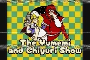 2girls blonde_hair blue_sailor_collar bow braid cape capelet checkered_background cross dress english_text glitter-clams hat highres kitashirakawa_chiyuri long_hair long_sleeves looking_at_viewer multiple_girls okazaki_yumemi one_eye_closed phantasmagoria_of_dim.dream red_eyes red_hair ribbon sailor sailor_collar sailor_hat shirt short_hair short_sleeves shorts skirt smile tongue tongue_out touhou touhou_(pc-98) twintails vest vhs_artifacts yellow_eyes