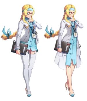2girls alternate_costume artist_request blonde_eyebrows blonde_hair blue_collar blue_headband blue_ribbon blue_shirt blue_sleeves braid braided_ponytail breast_pocket button_gap buttoned_cuffs buttons collar collared_coat diana_caprice dual_persona full_body garter_straps hair_intakes hair_ribbon hand_on_own_chest headband holding holding_notebook id_card lab_coat lanyard long_hair low-tied_long_hair low_ponytail mandarin_collar maxi_shirt multiple_girls notebook object_in_pocket official_art pen_in_pocket pocket ponytail red-framed_eyewear ribbon sakura_taisen sakura_taisen_v sega shirt simple_background solo thighhighs third-party_source very_long_hair wavy_sidelocks white_buttons white_collar white_footwear white_pocket white_thighhighs
