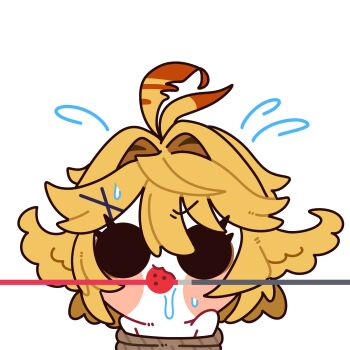 1girl 252_eyo ball_gag black_eyes blonde_hair blush_stickers bound chibi commentary derivative_work dokibird dokibird_(bounty_hunter) english_commentary feather_hair gag highres indie_virtual_youtuber progress_bar saliva short_hair simple_background solo tied_up_(nonsexual) upper_body virtual_youtuber white_background youtube