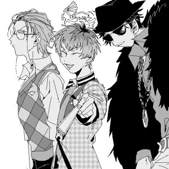 3boys :d ^_^ adam's_apple amayado_rei arms_at_sides beard_stubble belt belt_buckle buckle chain chain_necklace cheekbones choppy_bangs closed_eyes coat collared_shirt commentary_request contrast_collar contrast_lapels cowboy_shot curtained_hair dotsuitare_hompo eyewear_strap facial_hair facing_viewer fedora fingernails folded_fan folding_fan formal_clothes from_side fur_coat gingham_sweater_vest glasses greyscale group_name hair_slicked_back hand_fan hat holding holding_fan houndstooth hypnosis_mic jacket jaggy_lines jewelry lapel_pin lapels long_sleeves looking_at_viewer loose_hair_strand male_focus monochrome multicolored_hair multiple_boys multiple_necklaces mustache_stubble necklace necktie nurude_sasara open_mouth pants pointing pointing_at_viewer profile roots_(hair) round_eyewear serious shirt short_hair sideburns simple_background sleeves_rolled_up smile stubble suit suit_jacket sunglasses tsutsujimori_rosho uchi_fxxk v-shaped_eyebrows very_short_hair white_background