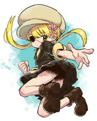 Rule 34 | 1girl, blonde hair, boots, clenched hand, eisu (eith), eyepatch, flower, hair flower, hair ornament, highres, jumping, large hat, pleated skirt, simple background, skirt, swept bangs, twintails, unmei no makimodoshi, upskirt, white background, yellow eyes