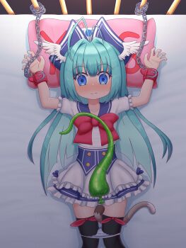 1girl absurdres anal_beads anal_tail antenna_hair bdsm black_thighhighs blue_corset blue_eyes blue_hat blue_skirt blush bound bound_wrists butt_plug chain corset emil_chronicle_online empty_eyes fake_tail fly_fish_alma frilled_skirt frills green_hair hat head_wings highres leg_ribbon long_hair neck_ribbon nose_blush on_bed panties panty_pull red_ribbon ribbon rna0 sailor_collar shirt skirt solo surprised sweatdrop tail thighhighs underwear white_shirt white_skirt white_wings wings yes-no_pillow