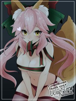 1girl animal_ear_fluff animal_ears bare_shoulders bow breasts brown_thighhighs cleavage commentary_request fate/grand_order fate_(series) fox_ears fox_girl fox_tail hair_between_eyes hair_bow highres large_breasts long_hair looking_at_viewer mouth_hold naked_ribbon navel pink_hair ribbon sidelocks tail tamamo_no_mae_(fate) thighhighs twintails wagu_neru yellow_eyes