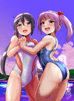 2girls akebono_(kancolle) alternate_costume artist_logo ass blue_one-piece_swimsuit breasts commentary_request competition_swimsuit cowboy_shot dated grey_hair highres holding_hands kantai_collection logo multiple_girls one-piece_swimsuit pink_hair red_eyes sazanami_(kancolle) side_ponytail small_breasts smile swimsuit two-tone_swimsuit yequo_(trample_rigger)