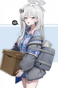 1girl absurdres armband bag blue_archive blue_necktie blue_shirt blue_skirt box commentary cowboy_shot dakkgae_01 floral_print floral_print_shirt from_side grey_eyes grey_hair grey_halo grey_jacket halo hawaiian_shirt highres holding holding_box jacket jacket_partially_removed konoka_(blue_archive) long_hair long_sleeves looking_at_viewer loose_necktie mask mask_pull mouth_mask necktie newspaper omamori open_collar open_mouth pleated_skirt print_shirt purple_armband rolled-up_newspaper school_bag shirt skirt speech_bubble spoken_squiggle squiggle surgical_mask untranslatable_commentary white_mask