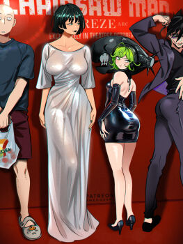 2boys 2girls 7-eleven absurdres ass bag bald black_dress blazer bomb_devil_(chainsaw_man) bomb_devil_(chainsaw_man)_(cosplay) breasts chainsaw_man closed_mouth collarbone commentary cosplay crocs dress english_commentary english_text from_behind fubuki_(one-punch_man) full_body green_eyes green_hair highres holding holding_bag jacket large_breasts looking_at_another looking_back looking_up multiple_boys multiple_girls one-punch_man onsoku_no_sonic open_clothes open_jacket pants plastic_bag pout saitama_(one-punch_man) short_hair short_sleeves shorts shoulder_blades siblings sisters small_breasts snegovski sydney_sweeney sydney_sweeney_(cosplay) tatsumaki thighs twisted_torso