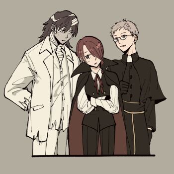 1girl 2boys aragaki_shinjirou bandaged_head bandaged_neck bandages black_cape black_gloves black_pants black_vest brown_hair cape commentary_request cowboy_shot cropped_legs crossed_arms glasses gloves grey_background grey_hair hair_over_one_eye halloween halloween_costume highres jacket kabe_hal kirijou_mitsuru looking_at_another multiple_boys neck_ribbon open_clothes open_jacket pants parted_lips persona persona_3 priest red_hair ribbon sanada_akihiko shirt suit_jacket sweatdrop torn_clothes torn_jacket torn_shirt two-sided_cape two-sided_fabric vampire vampire_costume vest white_jacket white_shirt zombie