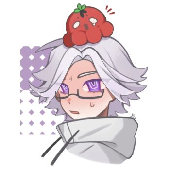 1boy animal animal_on_head animalization aotsuki_eito black-framed_eyewear chinese_commentary commentary_request cropped_torso curtained_hair drawstring eyes_visible_through_hair high_collar huishi68491 jacket lower_eyelashes_only male_focus notice_lines octopus on_head open_mouth purple_eyes rectangular_eyewear semi-rimless_eyewear short_hair signature sumino_takumi sweat teardrop the_hundred_line_-last_defense_academy- tsurime white_hair white_jacket