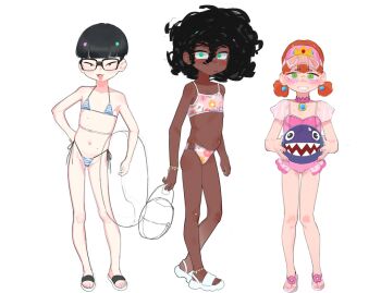 3girls :3 anklet bikini black_hair blunt_bangs blush bowl_cut braces chain_chomp character_request chi-iz choker cosplay curly_hair dark_skin double_bun fang flat_chest flower flower_print freckles frilled_skirt frills g-string glasses green_eyes hair_bun hat highres inflatable_armbands jewelry mario_(series) micro_bikini midriff multiple_girls navel nintendo orange_hair original princess_peach princess_peach_(cosplay) sandals side-tie_bikini_bottom skirt striped_bikini striped_clothes swimsuit thong