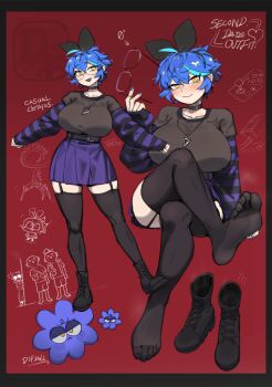 2girls 2others :3 bespectacled black_boots black_choker black_hairband black_shirt black_thighhighs blue_hair blue_nails blush boots breasts brown_eyes choker closed_mouth collarbone commentary dif_(difman) difman english_commentary english_text fang garter_straps glasses hairband highres jewelry lace-up_boots large_breasts long_sleeves looking_at_viewer luna_(difman) multicolored_hair multiple_girls multiple_others necklace open_mouth original pleated_skirt purple_skirt red_background round_eyewear shirt short_hair simple_background skirt smile t-shirt thighhighs