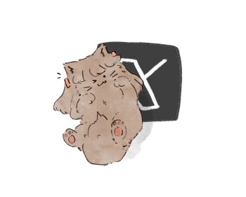 &gt;_o ;3 animal_with_hair brown_cat cat commentary_request fujishima_megumi highres link!_like!_love_live! looking_at_viewer love_live! lying mashikaku_(ma4kaku10fu) no_humans on_back one_eye_closed simple_background solo twitter_x_logo virtual_youtuber white_background