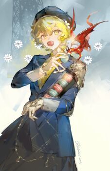 Rule 34 | 1girl, absurdres, armor, beret, black hat, blonde hair, blue background, blue jacket, blue skirt, brume (reverse:1999), dragon, dragon on shoulder, flower, food, food in mouth, gradient background, hair flower, hair ornament, hand up, hat, highres, holding, holding food, jacket, looking at viewer, macaron, mouth hold, qiddd, reverse:1999, short hair, shoulder armor, skirt, small dragon, solo, upper body, white flower, yellow eyes