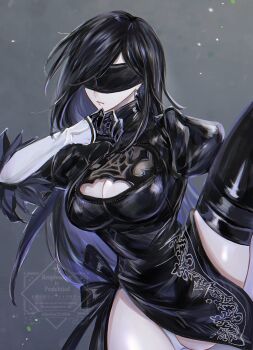 1girl 2b_(nier:automata) 2b_(nier:automata)_(cosplay) black_dress black_gloves black_hair blindfold breasts cleavage cleavage_cutout closed_mouth clothing_cutout commentary_request company_connection cosplay cowboy_shot dress earrings fighting_stance final_fantasy final_fantasy_vii final_fantasy_vii:_ever_crisis glint gloves helen_(helen2210hk) highres jewelry juliet_sleeves large_breasts leg_up leotard leotard_under_clothes long_hair long_sleeves nier:automata nier_(series) official_alternate_costume puffy_sleeves solo tifa_lockhart tifa_lockhart_(battler_ensemble) white_leotard