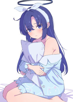1girl absurdres animal_print aot. black_halo blue_archive blue_eyes blue_pajamas blue_shirt blush breasts cat_print commentary_request hairband halo highres hugging_object long_hair looking_at_viewer mechanical_halo official_alternate_costume pajamas pillow print_pajamas purple_eyes purple_hair shirt shorts simple_background sitting sleepwear solo wariza white_background white_hairband yuuka_(blue_archive) yuuka_(pajamas)_(blue_archive)