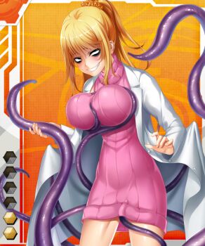Rule 34 | 1girl, bare legs, blonde hair, blush, breast press, breasts, card (medium), card (orange-r), card (r), creature, curvy, female focus, gara ayuri, grabbing another's breast, green eyes, grin, groping, happy, large breasts, lilith-soft, long hair, looking at viewer, mirena laevateinn, naughty face, ponytail, shiny skin, smile, solo, standing, suggestive fluid, taimanin (series), taimanin asagi battle arena all card gallery, taimanin asagi kessen arena, tentacles