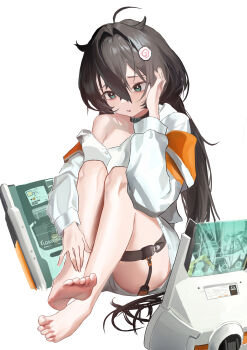 1girl absurdres ahoge black_collar black_hair collar commentary dorsiflexion feet food food-themed_hair_ornament goddess_of_victory:_nikke green_eyes hair_between_eyes hair_intakes hair_ornament hand_in_own_hair highres jacket jacket_partially_removed kamaboko knees_up long_hair long_sleeves looking_down monitor narutomaki parted_lips shirt shirt_partially_removed shorts sitting solo thigh_strap trony_(nikke) white_background white_shirt white_shorts wumeizhi_ume