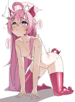 1girl ahoge all_fours anal_beads anal_tail animal_ears blue_archive blue_eyes blush butt_plug closed_mouth coin coin_on_string commentary completely_nude crossed_bangs fake_animal_ears fake_tail full_body hair_between_eyes halo heterochromia highres hoshino_(blue_archive) huge_ahoge hypnosis loli long_hair mind_control nipples nouka nude pendulum pig_ears pig_tail pink_hair pink_halo pink_thighhighs sex_toy simple_background solo tail thighhighs translation_request very_long_hair white_background yellow_eyes